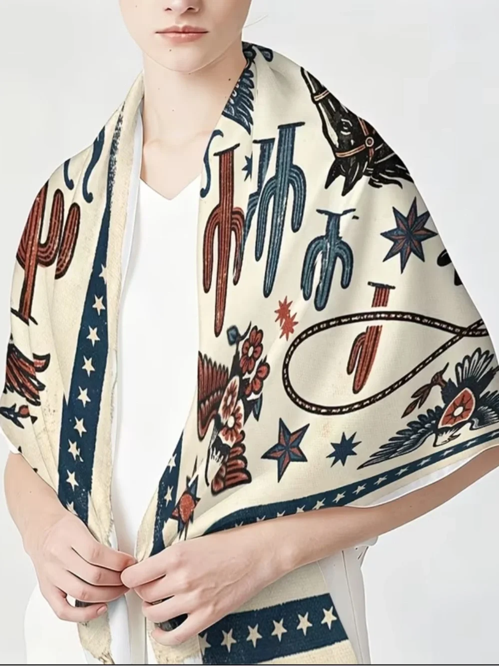 Cowgirl Horse with Lasso Bandana Scarf in Cream, Navy & Rust